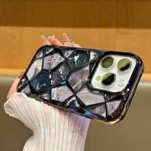 1 件粉色 Imd 電鍍防摔保護殼,帶鑽石網格和大理石設計貼紙,兼容 Iphone - 粉色 - 查看 3