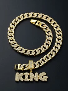 1 件金项链全钻 KING 字母吊坠 FEEL STYLE 男式链条迈阿密项链 18k 金银钻石切割不锈钢链男士 13 毫米冰晶嘻哈珠宝万圣节 - 金黃色 - 查看 2