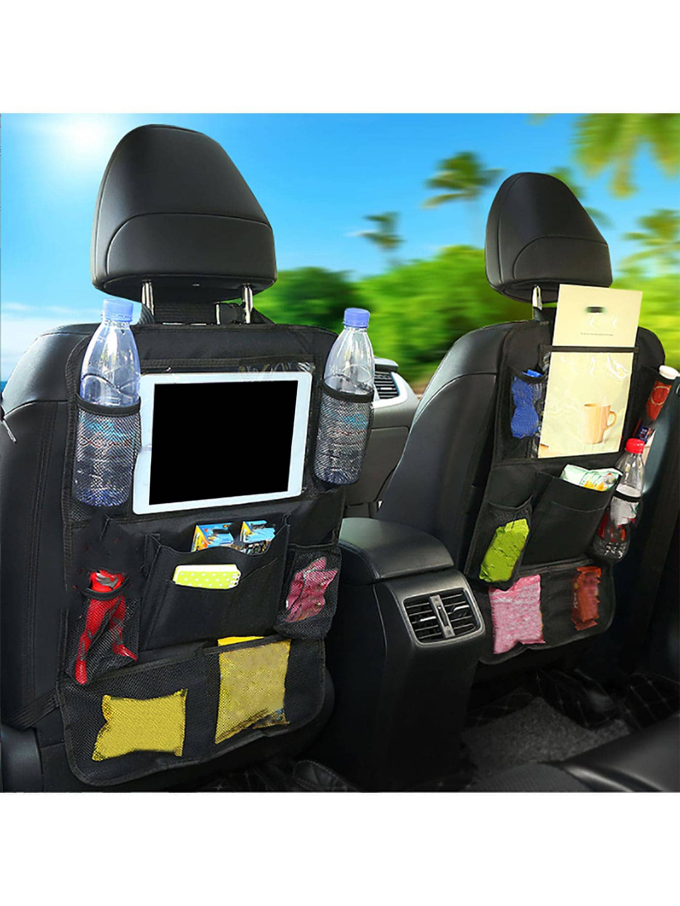 1pc Black Oxford Cloth Car Back Seat Organizer With Net Bag, Kick Mat, And Tablet HolderCar Seat Net Pocket Car Storage Bag Sundries Storage Hanging Bag - Black - View 1