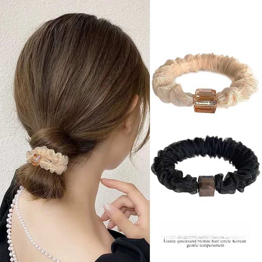 1pc Women's Multicolor Crystal Mesh High-low Ponytail Holder, Suitable For Daily Use - Black - View 1