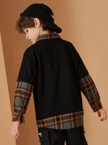 Tween 男童學院風長袖 2 合 1 Polo 衫,秋季 - 黑色 - 查看 3