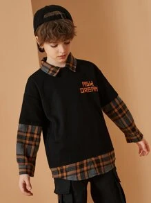 Tween 男童學院風長袖 2 合 1 Polo 衫,秋季 - 黑色 - 查看 1