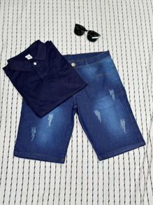 KIT 2 Conjunto Camisa Polo+Bermuda Jeans Lavegem Escuro Masculino Promoção - Azul Marinho - Visão 1