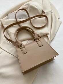 1pc Khaki Pu Handbag With Metallic Decoration And Magnet Closure, Portable And Stylish For Daily Use - Khaki - View 5