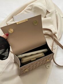 1pc Khaki Pu Handbag With Metallic Decoration And Magnet Closure, Portable And Stylish For Daily Use - Khaki - View 6