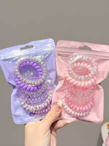 6/12 件粉紫色花朵和星星印花线圈发带、粉色配饰、马尾辫、发圈、发绳马尾辫夹 - 彩色 - 查看 1