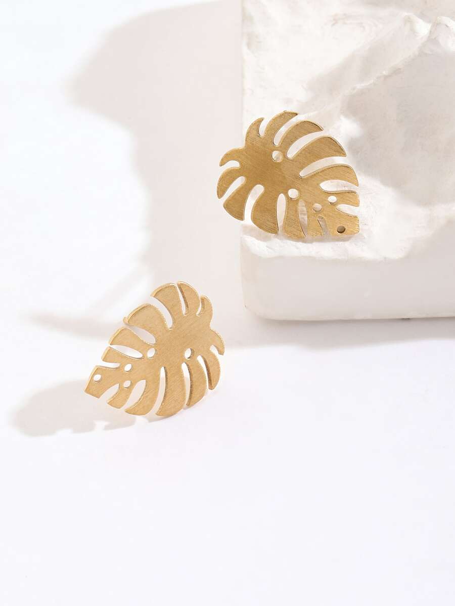 1雙簡約葉子設計鈦鋼耳針 - 金黃色 - 查看 1