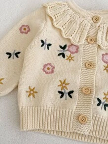 春秋季新款女婴针织开衫，婴儿外套，多功能儿童刺绣荷叶边领长袖毛衣