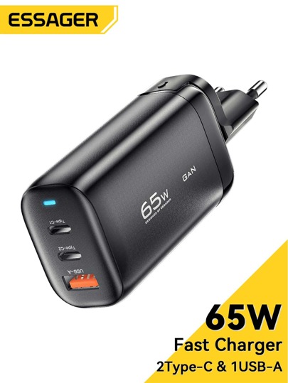 ESSAGER Essager 65W GaN USB Type C Charger For Laptop PPS 45W 25W Fast Charge Fori Realme MobilephiPhone14 13 Pro Phone Suitable For Travel, Office, Dorm, And Home Multi-Port, Adapter Nan Fast Charging High Output Power