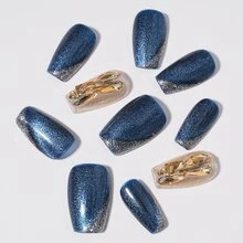 10入組m號手工製作貼式指甲,深藍貓眼美甲時尚閃亮假指甲適用於女性和女孩 - 彩色 - 查看 6