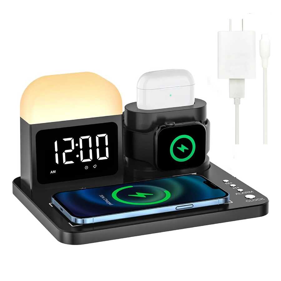 1件套黑色多功能無綫充電支撐架適用於,適用於iphone三星HUAWEI和帶無綫充電功能,帶鬧鐘和可調亮度顏色小夜燈,數據線管理適用於書桌(帶電源適配器) - 黑色 - 查看 1