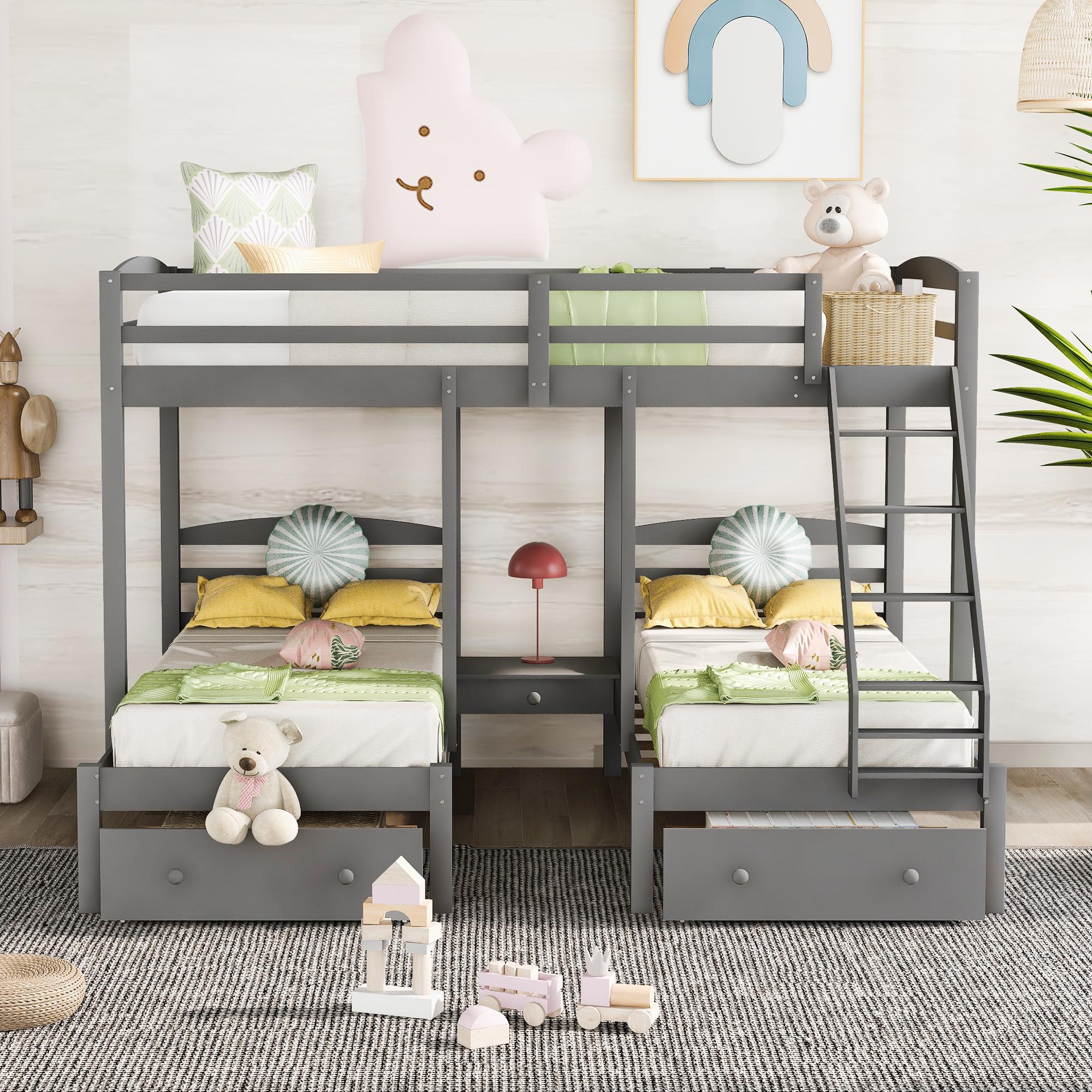 Nestfair Gray Full over Twin and Twin Triple Bunk Bed with Drawers