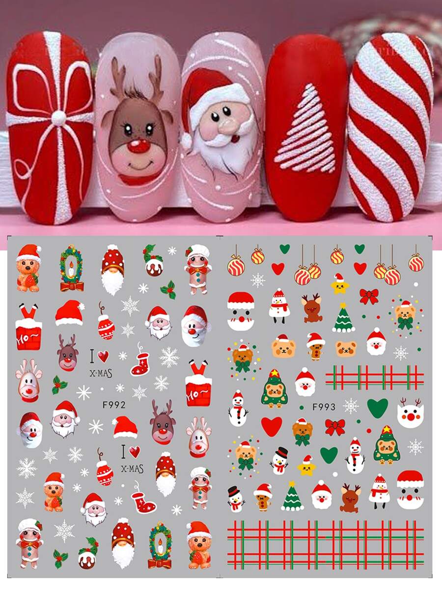2片圣诞美甲贴纸 红色圣诞老人 可爱卡通雪花 节日设计 3D自粘贴花 美甲装饰 指甲贴膜 朋友礼物 DIY美甲 - 彩色 - 查看 1