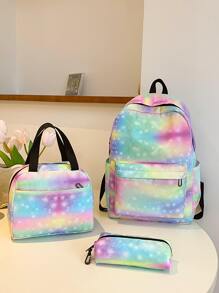 3入組/套女孩大容量漸變後背包,斜肩包便當包&筆袋套裝,隨機位置的圖案 - 彩色 - 查看 1