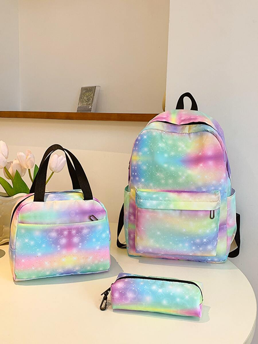 3入組/套女孩大容量漸變後背包,斜肩包便當包&筆袋套裝,隨機位置的圖案 - 彩色 - 查看 1