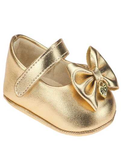 Sapatinho Bebê Dourado Menina Laço Fita Luxo Macio Confortável Recém-Nascido Festa Batizado