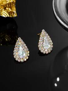 Retro Tear Drop Crystal Rhinestone Earring Stud for Women 1 Pair - Gold - View 3