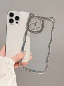 Apple A Stylish Wavy Edge Cat Ear Shape Electroplated Silver Thickened Anti-Fall Tpu Mobile Phone Case Compatible With Iphone Waterproof Shockproof Scratch Resistant