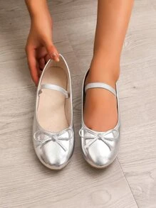 女性瑪麗珍金屬質感織物交叉背帶芭蕾舞鞋,優雅戶外鞋帶彈性帶&蝴蝶結裝飾用品 - 銀色 - 查看 4