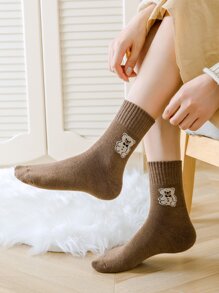 1/3/5双装可爱小熊保暖中筒袜，女士秋冬款 - 彩色 - 查看 10