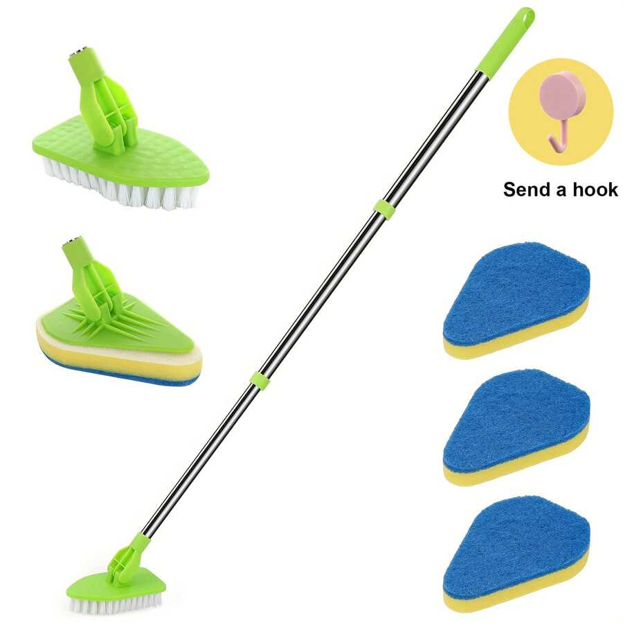1入組二合一清潔刷,可伸縮手柄,三角形刷頭適用於地面,瓷磚,浴室,浴缸,帶海綿洗滌器