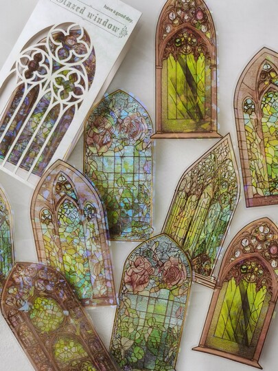 10pcs/Pack Retro Stained Glass, Gold Foil, Holographic Pet Waterproof Stickers For Diy Journal Decoration Back To School