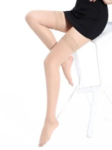 女士欧美风格蕾丝边长筒袜，性感过膝/大腿袜，尼龙丝袜 - 米色 - 查看 2