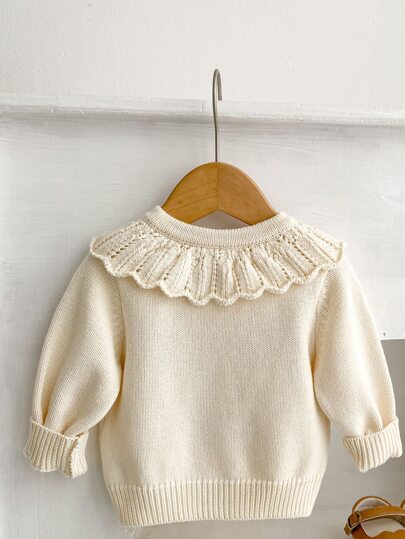 Áo khoác cardigan dệt kim cho bé gái mùa xuân và mùa thu, áo khoác trẻ sơ sinh, áo len dài tay cổ bèo thêu đa năng cho bé gái.