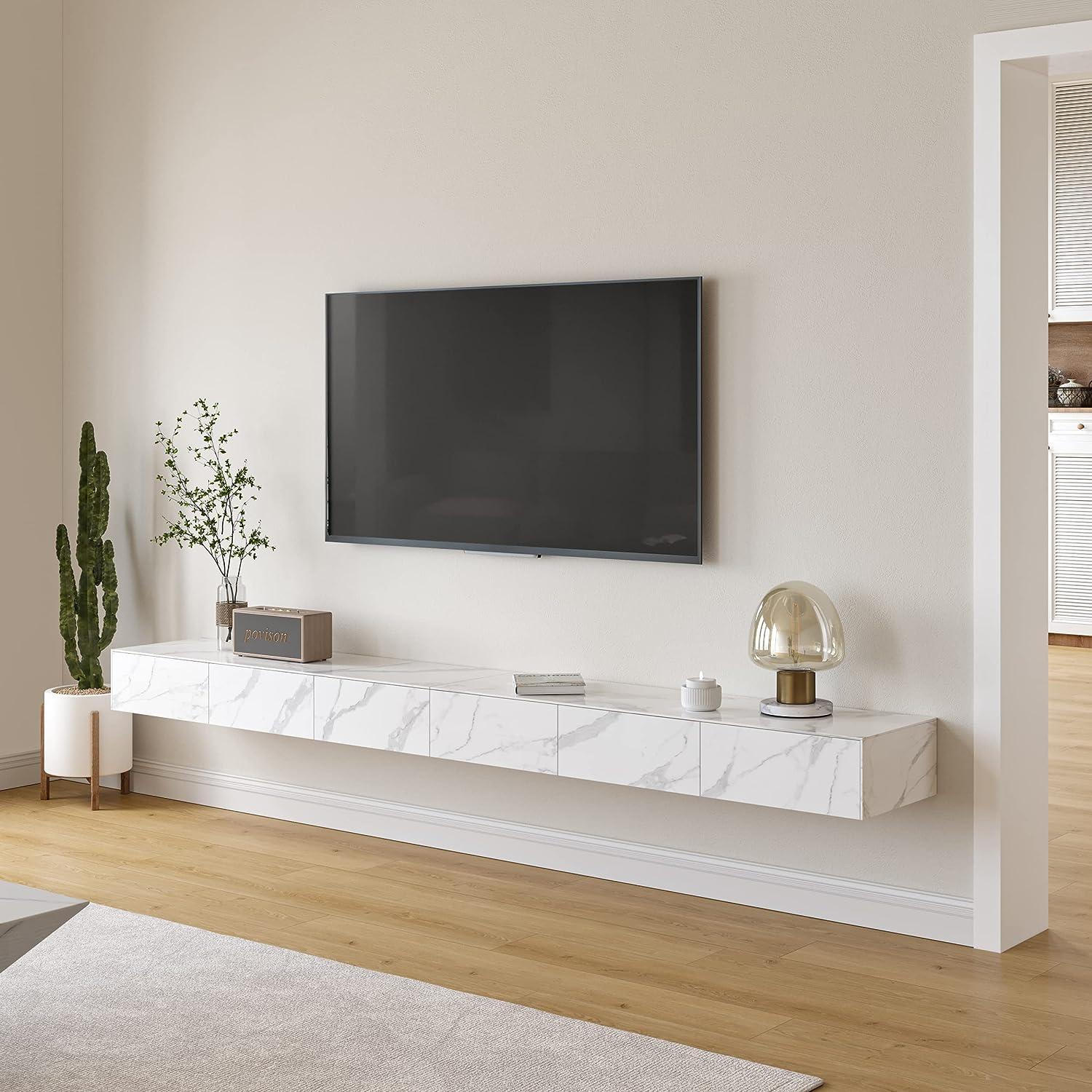 POVISON Modern Floating TV Stand, White Stone WallMounted Media