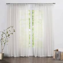 LANTIME  Sheer Curtains, Faux Linen Double Pleats Window Sheer Curtains Panels Drapery for Home, Hotel, Office, Set of 2 - 白色1 - 查看 2