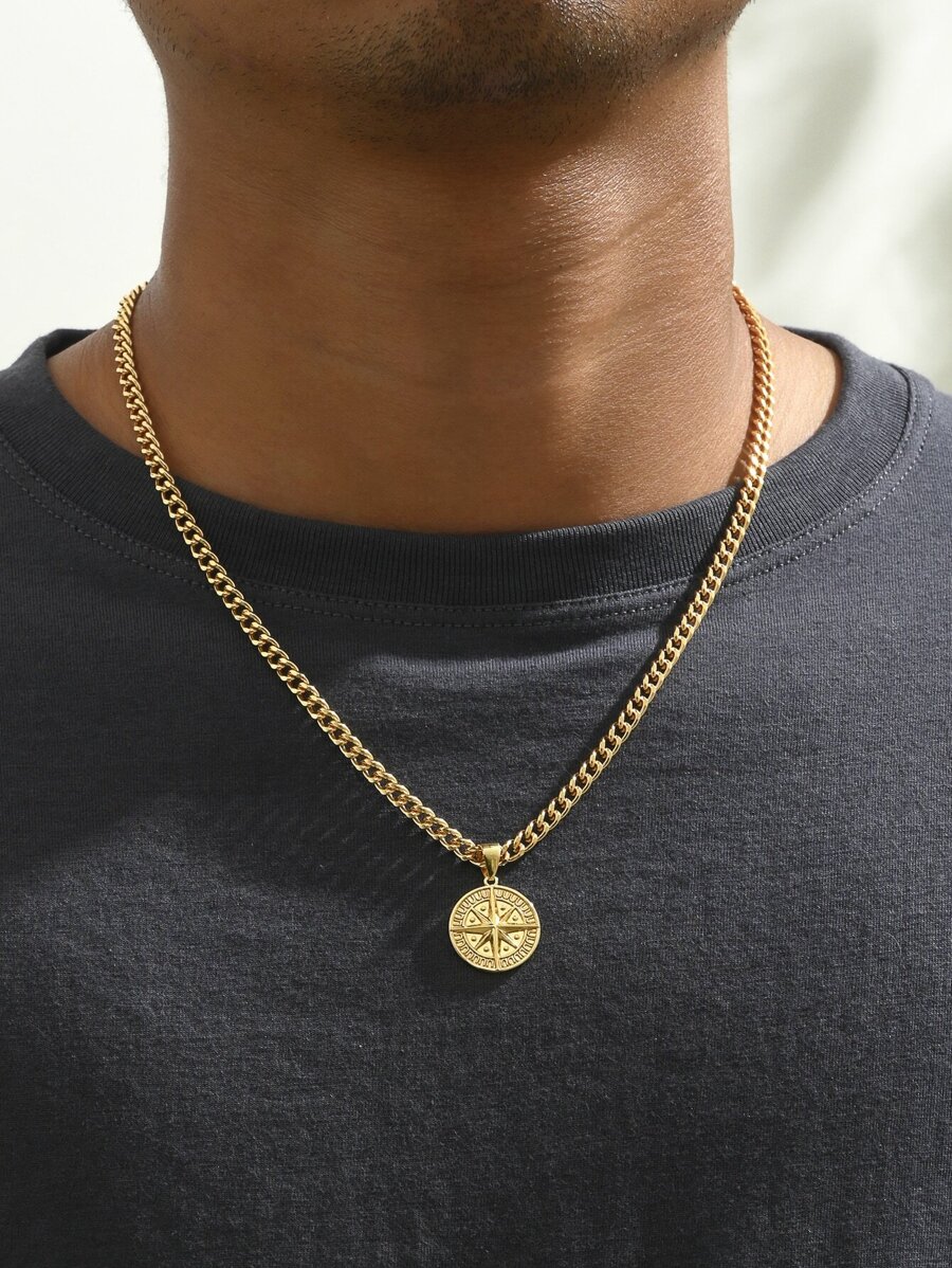 A3334 1pc Punk Compass Pendant Men's Necklace Hip Hop Jewelry