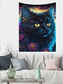 1入組化纖掛毯、現代貓和花卉印花家居裝飾牆毯 - 彩色 - 查看 4