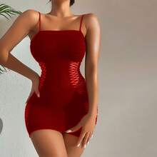 性感渔网吊带连衣裙内衣，欧美风格，透气 - 紅色 - 查看 3