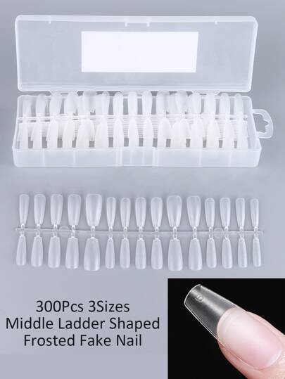 300入組霧面假指甲,全套透明中梯形亞克力製品,壓克力指甲美甲工具,適用於練習美甲指尖