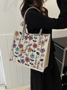 Bolso de hombro tipo tote de gran capacidad con estampado floral para mujer - Albaricoque - Ver 2