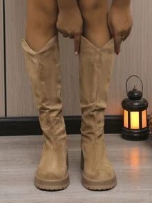 女款過膝西式厚跟靴子,附平臺,卡其色 - 卡其色 - 查看 4