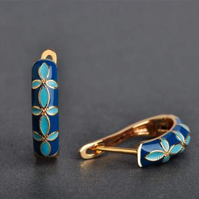 Fashionable Blue Floral Enamel Copper Earrings, Party & Banquet Earrings For Women & Girls, Golden Sweet Accessory, Gift Choice