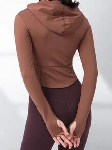 女式拉鍊合身連帽衫,帶拇指孔適用於瑜伽運動,長袖設計