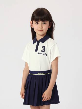 MARC&JANIE 夏天適用的年輕女孩休閒字母印花拼色Polo衫 T恤