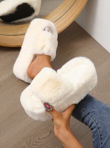Women's Strap Round Toe High Heel Slippers, Fashionable Outdoor & Comfortable Fluffy Slip-On Shoes - Beige - View 5