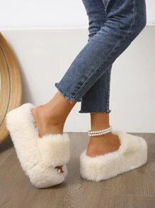 Women's Strap Round Toe High Heel Slippers, Fashionable Outdoor & Comfortable Fluffy Slip-On Shoes - Beige - View 4