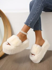 Women's Strap Round Toe High Heel Slippers, Fashionable Outdoor & Comfortable Fluffy Slip-On Shoes - Beige - View 3