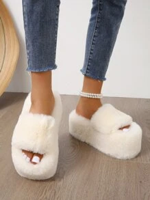 Women's Strap Round Toe High Heel Slippers, Fashionable Outdoor & Comfortable Fluffy Slip-On Shoes - Beige - View 2