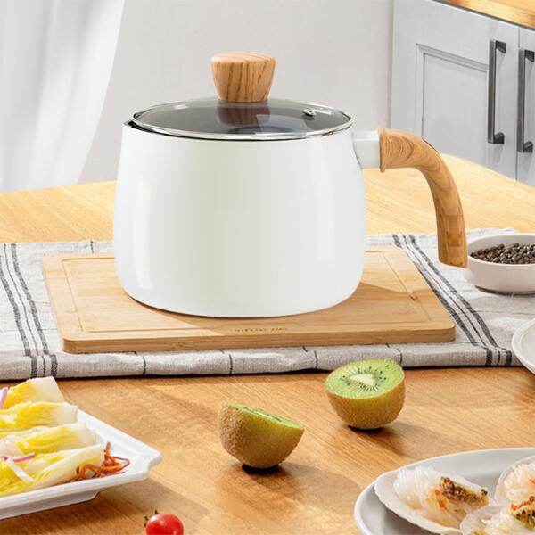 1pc 2.2l White Milk Pot With Non-Stick Interior, Birchwood Handle And Top Knob, Anti-Scalding, Ergonomic Design, Suitable For Heating Milk, Cooking Noodles, Stewing Dishes Etc., Small And Convenient, Ideal For 1-2 Persons, Stainless Steel Bottom, Suitable For All Stove Types, Not Oven Or Dishwasher Friendly