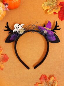 1 件裝女嬰萬聖節南瓜頭和鹿角有趣髮箍 - 彩色 - 查看 1