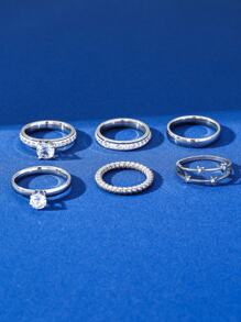 Hihho Bộ 6 nhẫn nữ đính đá Cubic Zirconia thời trang & cổ điển đính đá lớn hình ngôi sao hoa đơn giản kiểu tròn làm quà tặng tiệc - Bạc - Xem 3