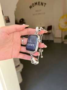 1pc Pearl Bracelet Stainless Steel Watch Band Compatible With Apple Watch 46/38/40/41/42/44/45/49mm, Compatible With Apple Watch S10/9/Ultra/SE/8/7/6/5/4/3/2/1 - Silver - View 1