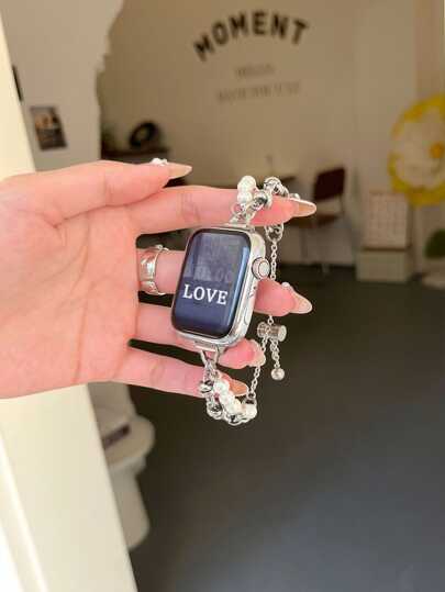 1pc Pearl Bracelet Stainless Steel Watch Band Compatible With Apple Watch 46/38/40/41/42/44/45/49mm, Compatible With Apple Watch S10/9/Ultra/SE/8/7/6/5/4/3/2/1