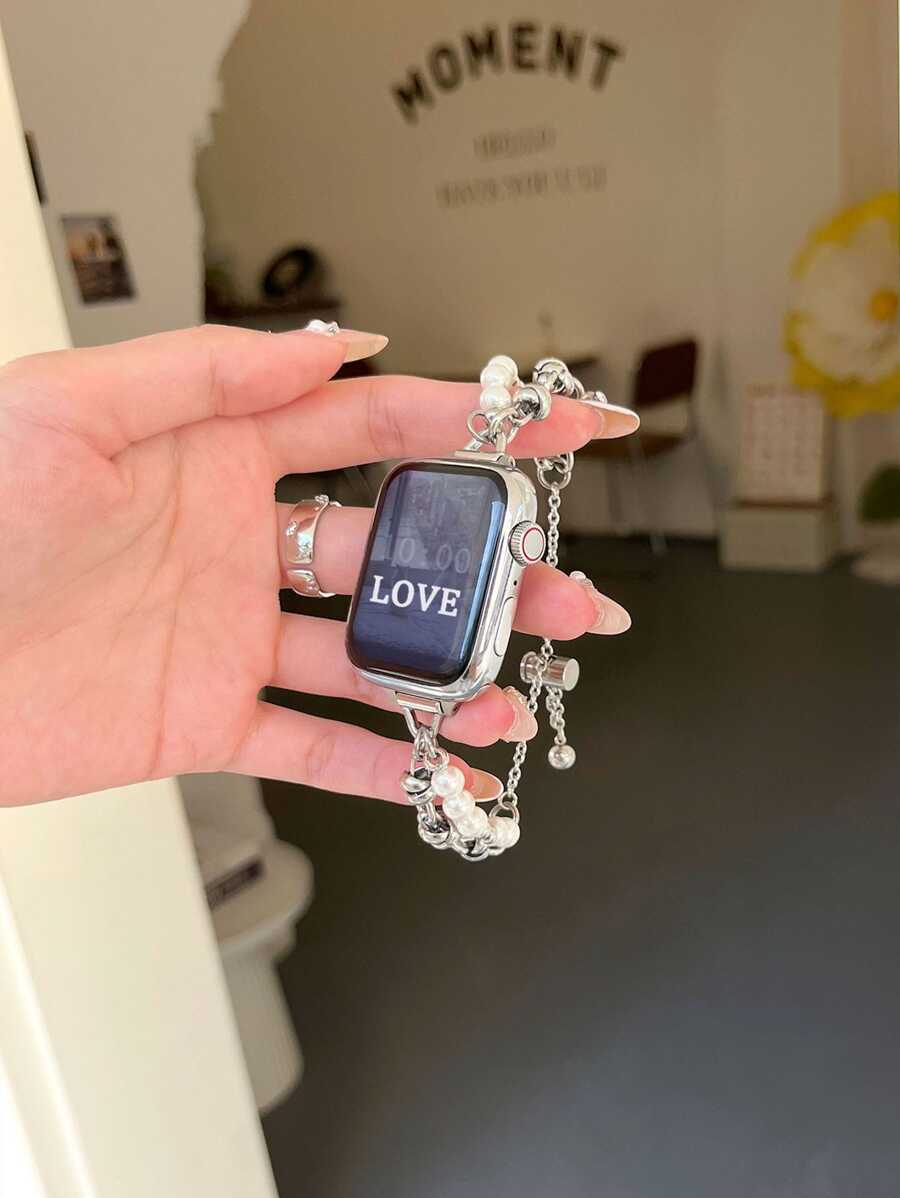 1pc Pearl Bracelet Stainless Steel Watch Band Compatible With Apple Watch 46/38/40/41/42/44/45/49mm, Compatible With Apple Watch S10/9/Ultra/SE/8/7/6/5/4/3/2/1 - Silver - View 1
