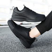 أحذية رياضية للرجال، جلد أسود مقاوم للماء أحذية كاجوال جندرية، مناسبة للأيام الممطرة، التمارين الرياضية، الارتداء اليومي، أحذية سميكة بنعل سميك